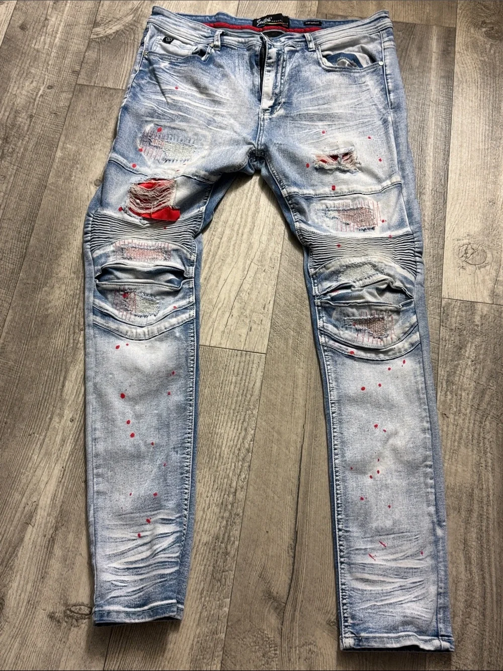 Men's Light Blue Skinny Distressed Jeans with Red Paint Detail - Picture 1 of 7